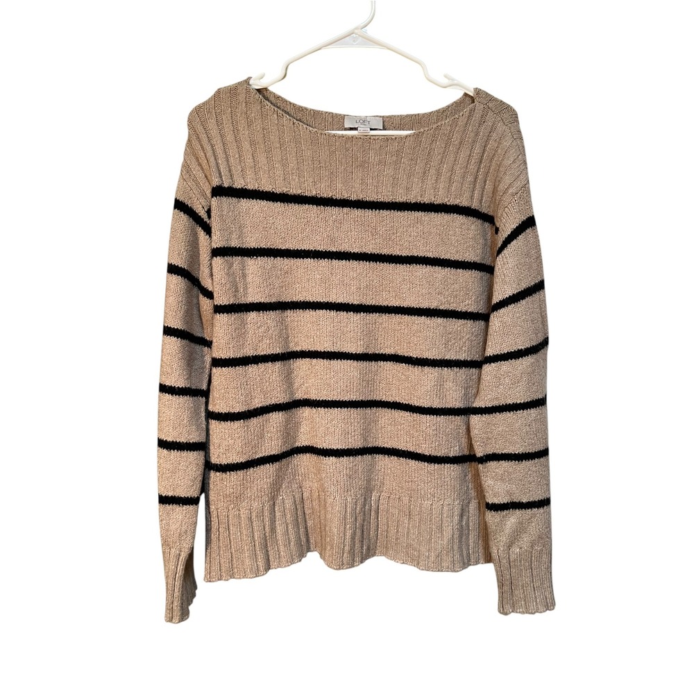 Loft Womens Sz Medium Boatneck Sweater Beige Black Stripes Ribbed Stretch Cotton